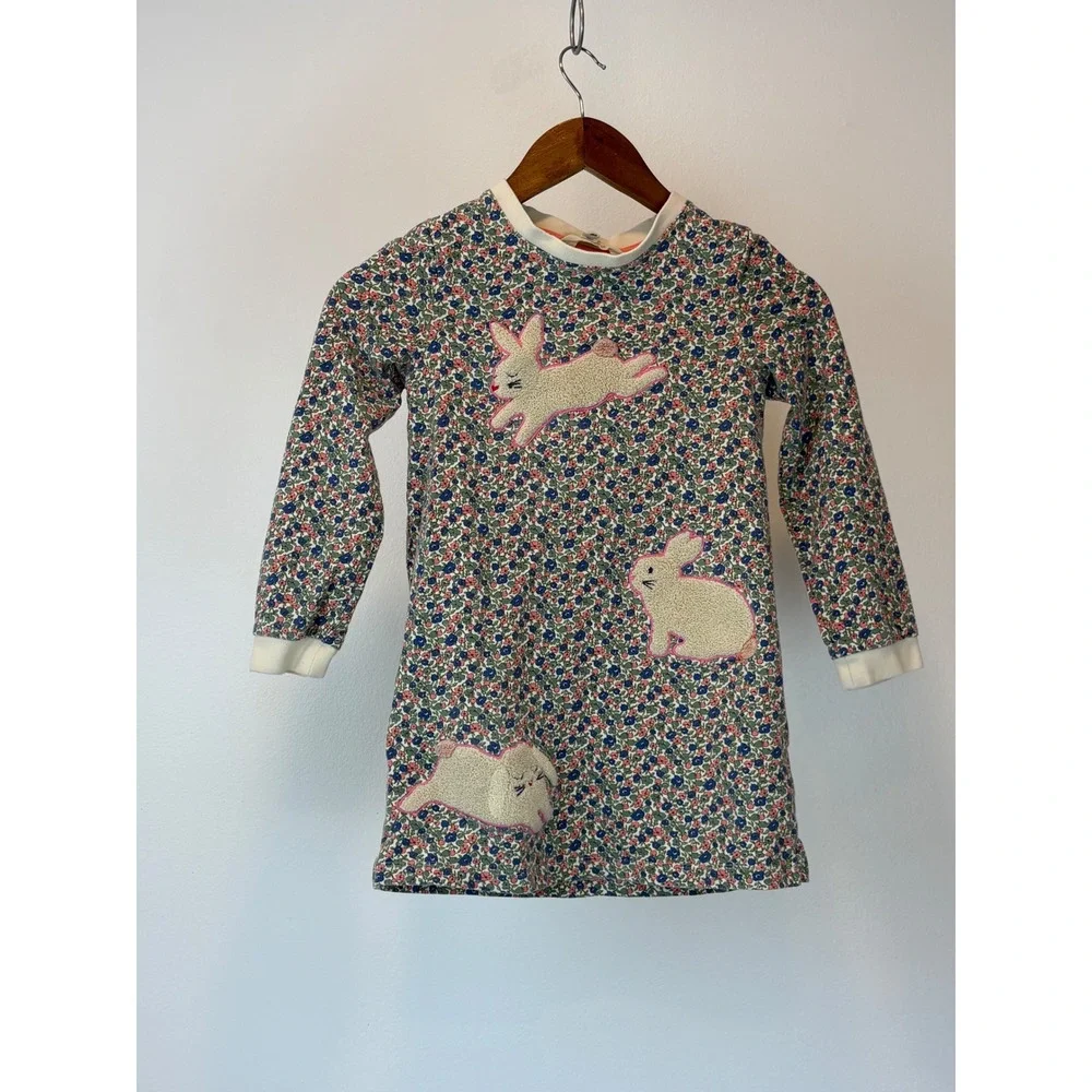 Mini Boden Jersey Dress Kids 7-8Y Multi Floral Bunny Applique Long Sleeve Spring